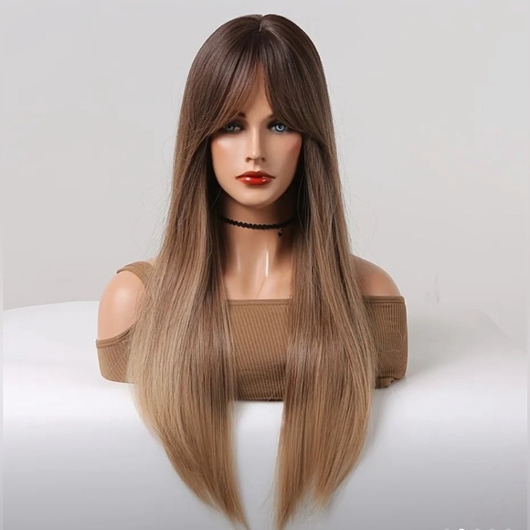 34 Inch balayage Brown & Ash Light Blonde Straig Long Wig with Open Sid… - Picture 8 of 10
